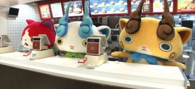 Personagens de Yo-kai Watch trabalhando no McDonald's – Densetsu